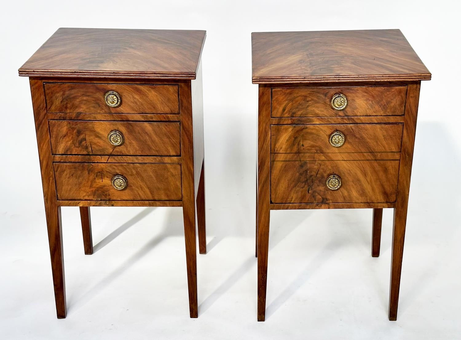 BEDSIDE CHESTS, a pair, Georgian style figured mahogany each with three drawers, 40cm W x 38cm D x - Image 5 of 6