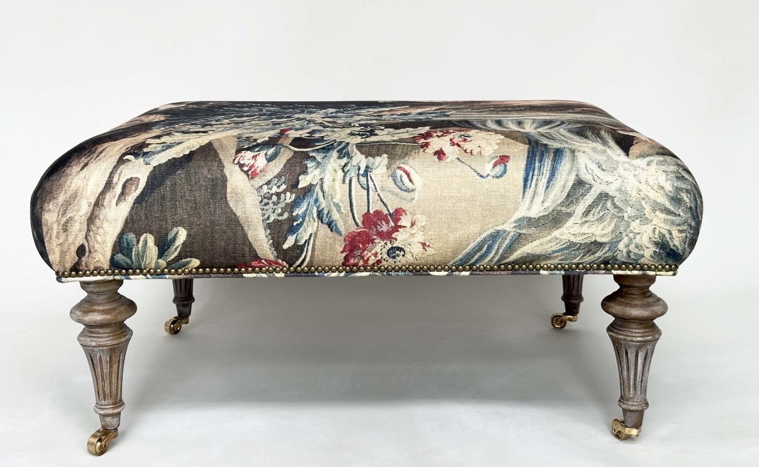 HEARTH STOOL, rectangular tapestry style linen raised upon turned tapering bleached oak supports, - Image 14 of 14
