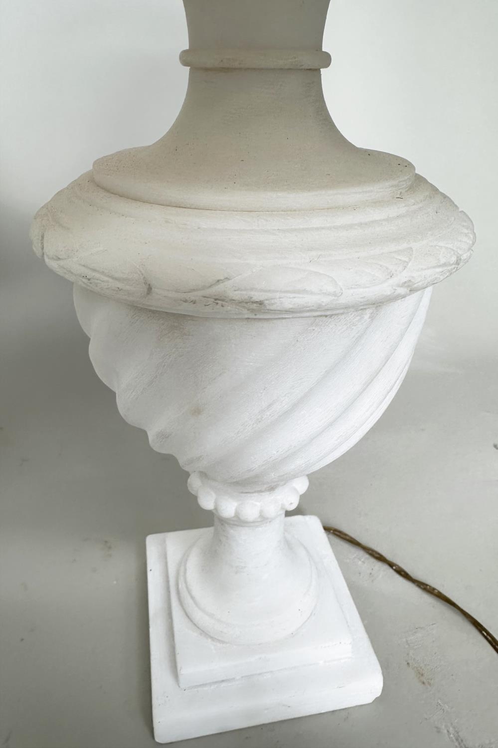 TABLE LAMPS, a pair, Italian alabaster of spiral urn form with stepped square bases and shades, 66cm - Image 2 of 5