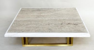LOW TABLE, square moulded edged Italian Travertine marble raised upon gilt metal base, 112cm x 112cm
