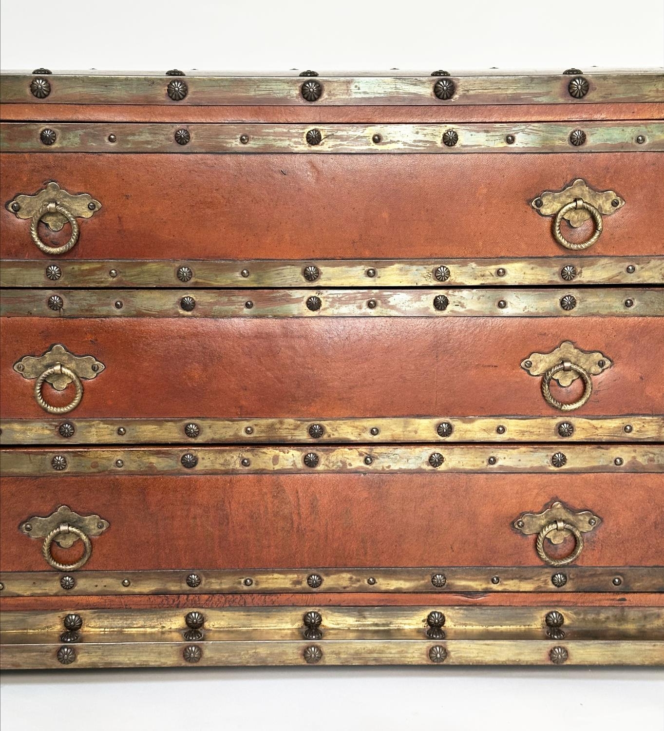 SPANISH STYLE CHEST, vintage leather and brass bound with three drawers and carrying handles, 95cm W - Image 10 of 16