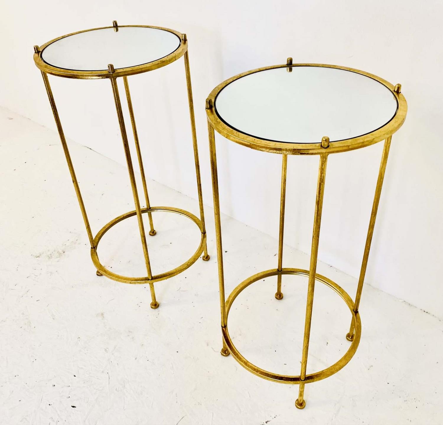 SIDE TABLES, a pair, circular, gilt metal with mirrored tops, 64cm H x 32cm W (2) - Image 2 of 3