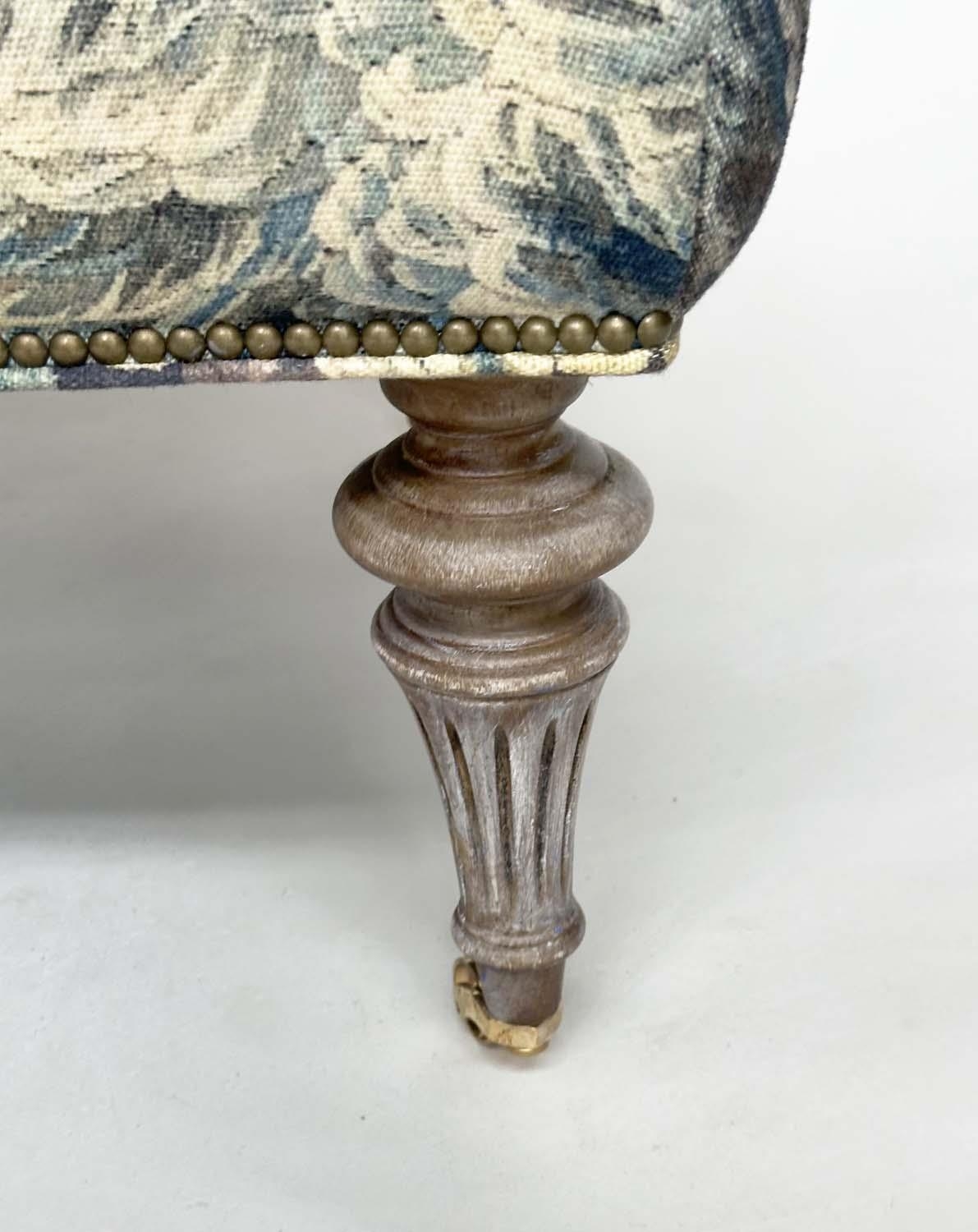 HEARTH STOOL, rectangular tapestry style linen raised upon turned tapering bleached oak supports, - Image 2 of 14