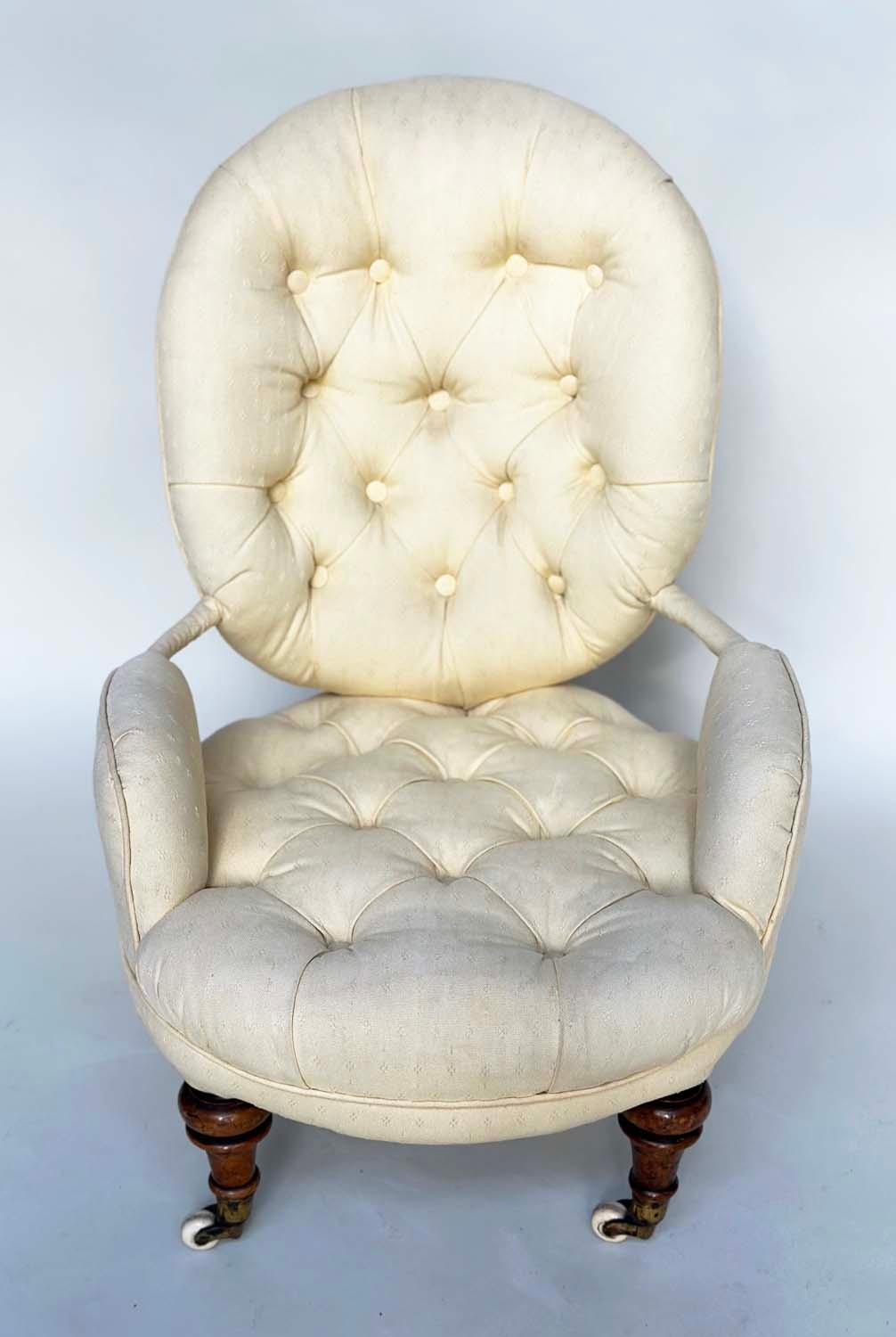 SLIPPER ARMCHAIR, 19th century button upholstered, yellow fabric with turned front supports, 46cm W. - Bild 9 aus 9