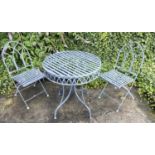 GARDEN TABLE AND TWO CHAIRS, Gothic style metal, table 75cm H x 73cm, chairs 93cm H x 50cm x