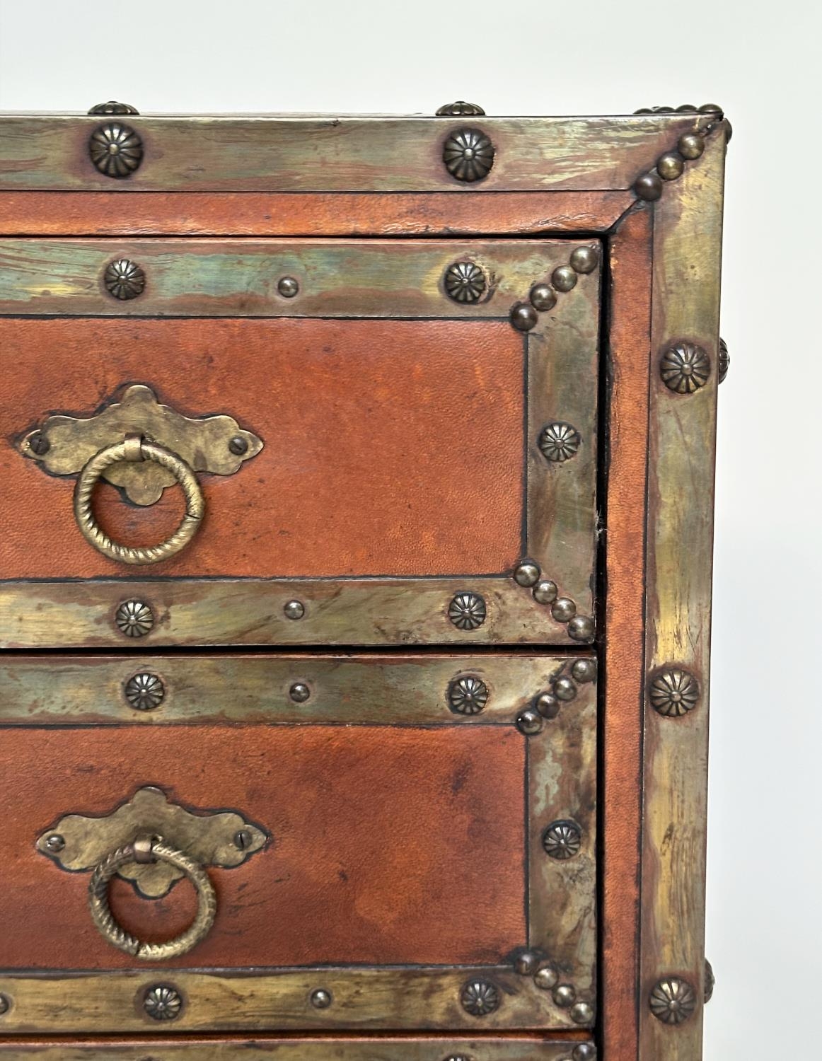 SPANISH STYLE CHEST, vintage leather and brass bound with three drawers and carrying handles, 95cm W - Image 5 of 16