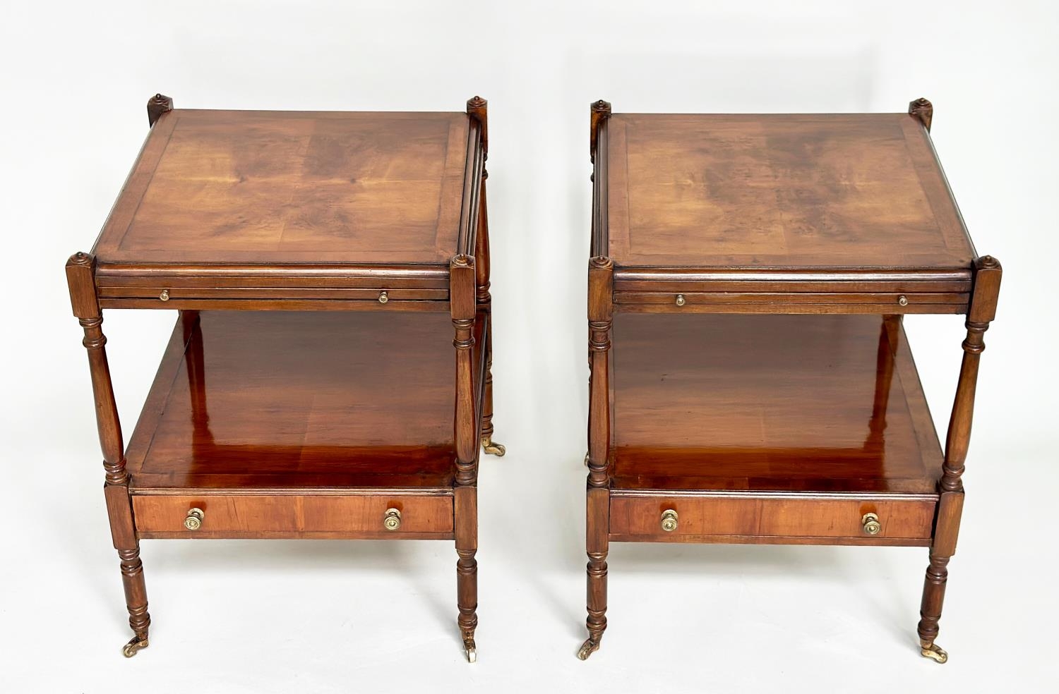 LAMP TABLES, a pair, George III design yewwood each with brushing slide, drawer and two tiers, - Image 2 of 14