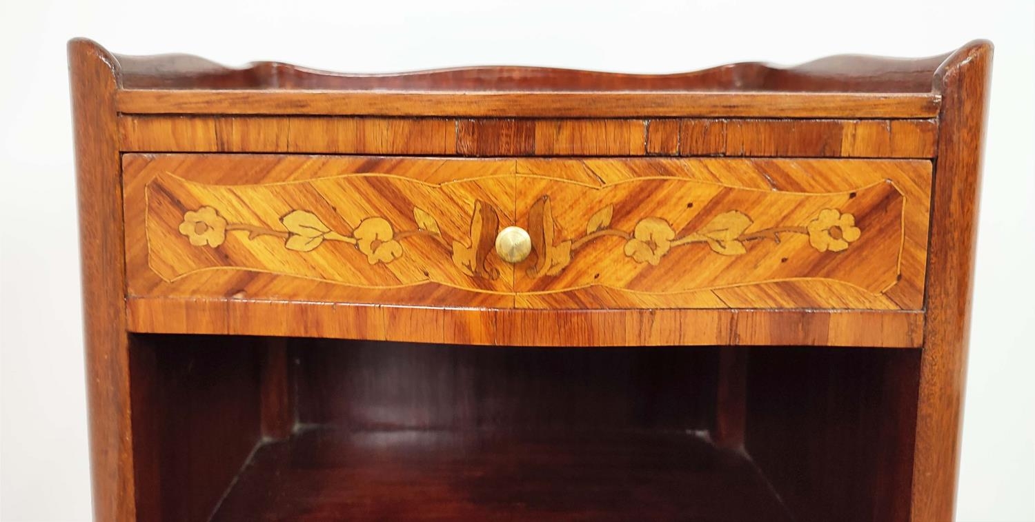 BEDSIDE CABINETS, a matched pair, Louis XV style tulipwood and inlaid, one with marquetry and - Image 7 of 10
