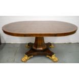 DINING TABLE ATTRIBUTED TO RICHARD DAVIDSON, Regency style burr walnut and parcel gilt with extra