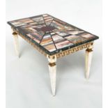 SPECIMEN MARBLE LOW TABLE, Italian rectangular inlaid marble top on Florentine parcel gilt Greek key
