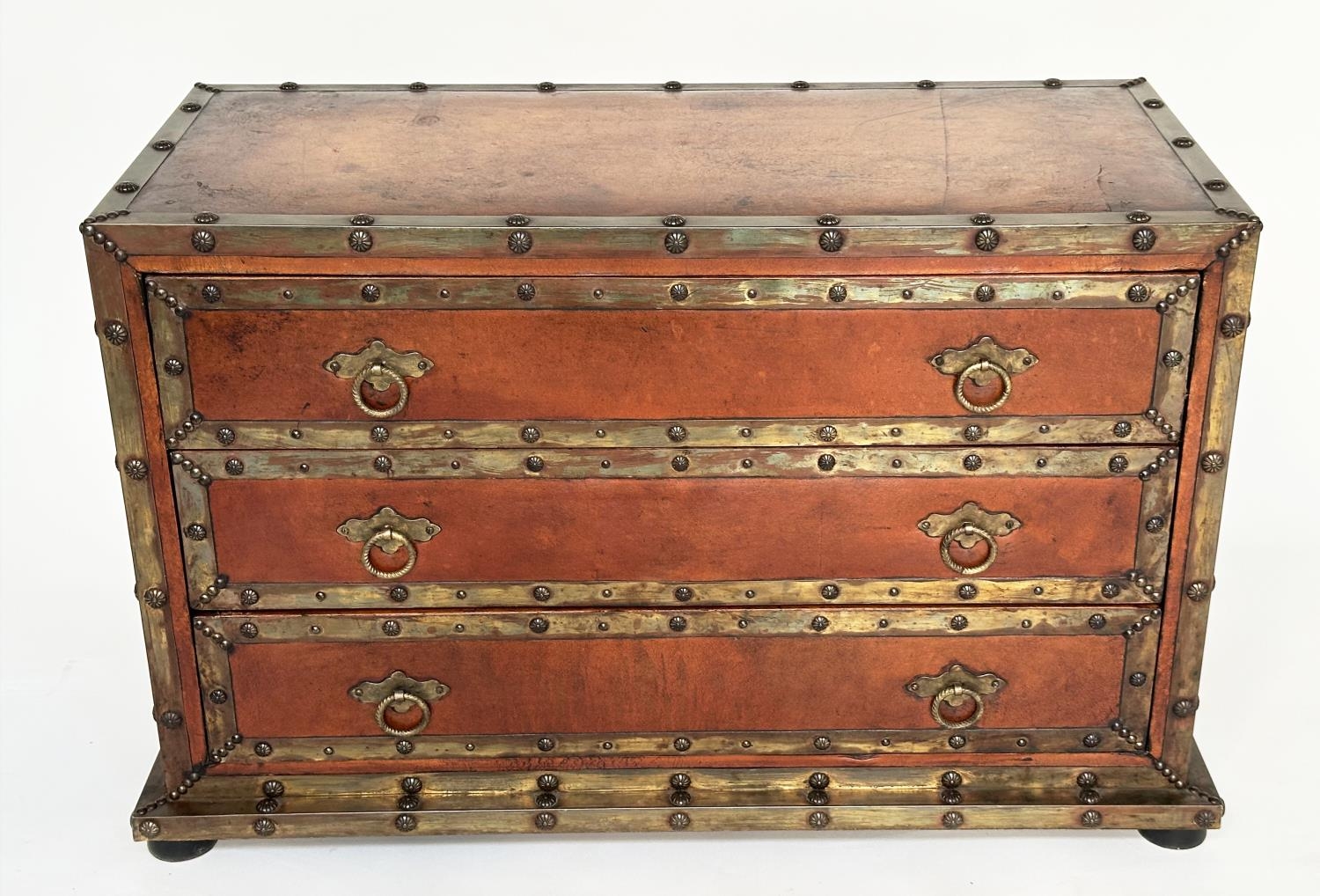 SPANISH STYLE CHEST, vintage leather and brass bound with three drawers and carrying handles, 95cm W - Image 3 of 16