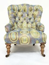 SLIPPER ARMCHAIR, 19th century mahogany with recent crewel-work style 60s design upholstery and