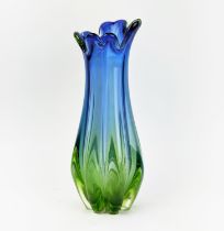 A MURANO GLASS VASE, late 20th century, in blue and green tone, waisted form with a lobed body, 31cm