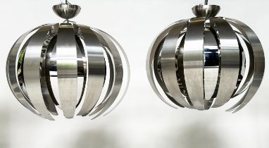 CEILING LAMPS, a pair, 'melon' form stainless steel, 66cm W. (2)