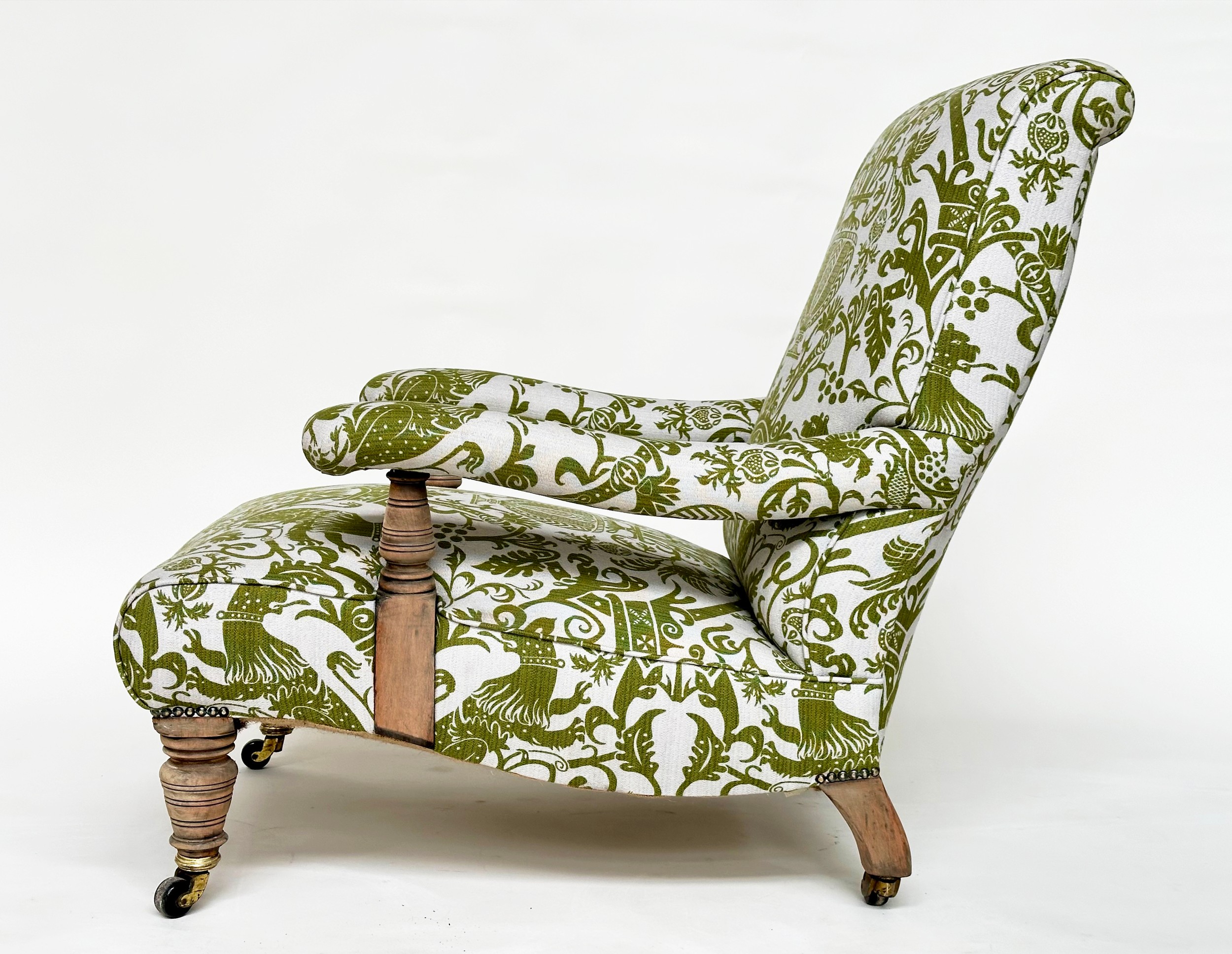 LIBRARY ARMCHAIR, Howard style late 19th century walnut, in the manner of Shoolbred with heraldic - Image 4 of 7