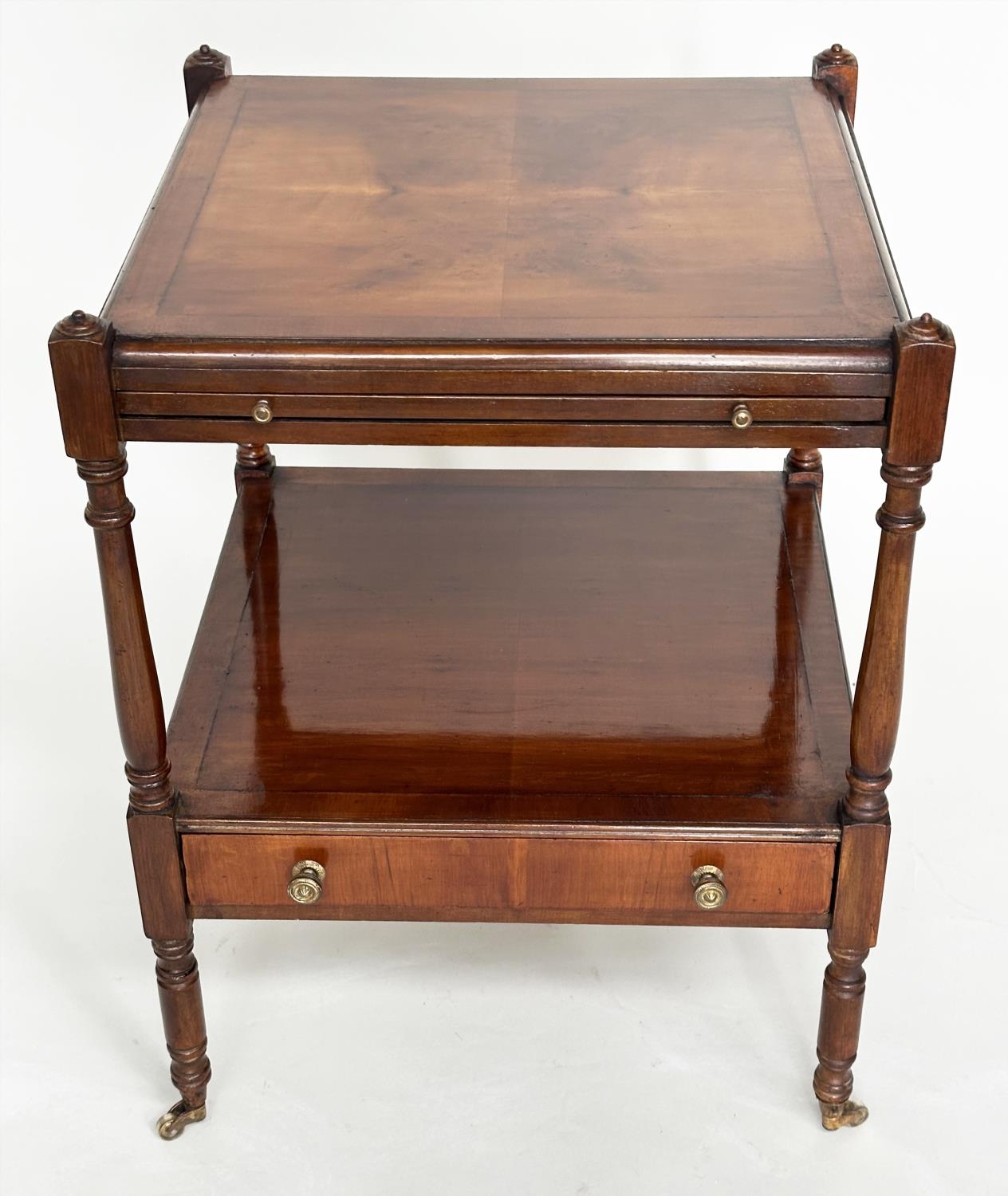 LAMP TABLES, a pair, George III design yewwood each with brushing slide, drawer and two tiers, - Image 7 of 14