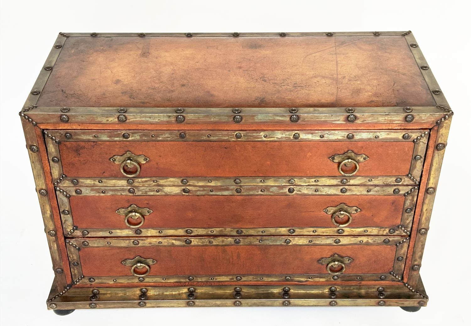 SPANISH STYLE CHEST, vintage leather and brass bound with three drawers and carrying handles, 95cm W - Image 11 of 16