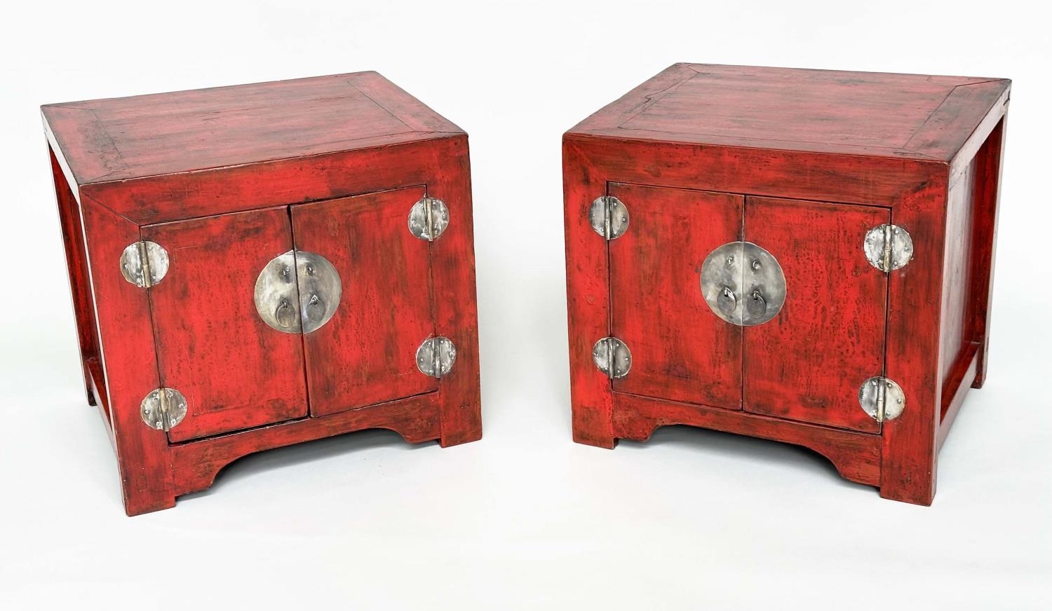 CHINESE CABINETS, a pair, cube form Chinese scarlet lacquered and silvered metal mounted, 60cm x - Image 2 of 6