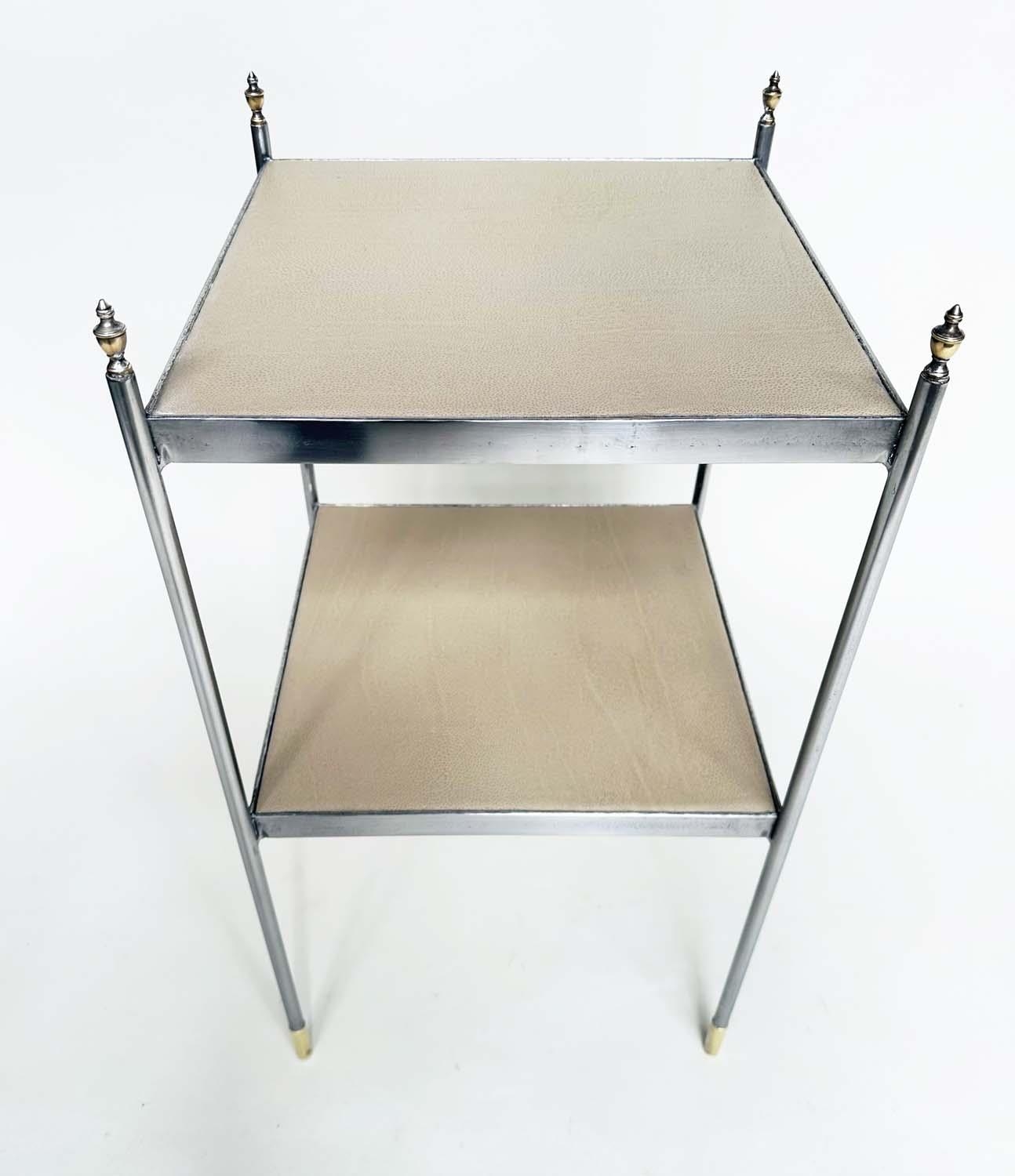 LAMP TABLES, a pair, early 20th century polished steel square two tiered each with neutral grained - Image 3 of 8