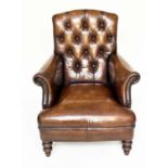 LIBRARY ARMCHAIR, Club style antiqued soft tan brown leather with buttoned back and turned supports,