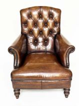 LIBRARY ARMCHAIR, Club style antiqued soft tan brown leather with buttoned back and turned supports,