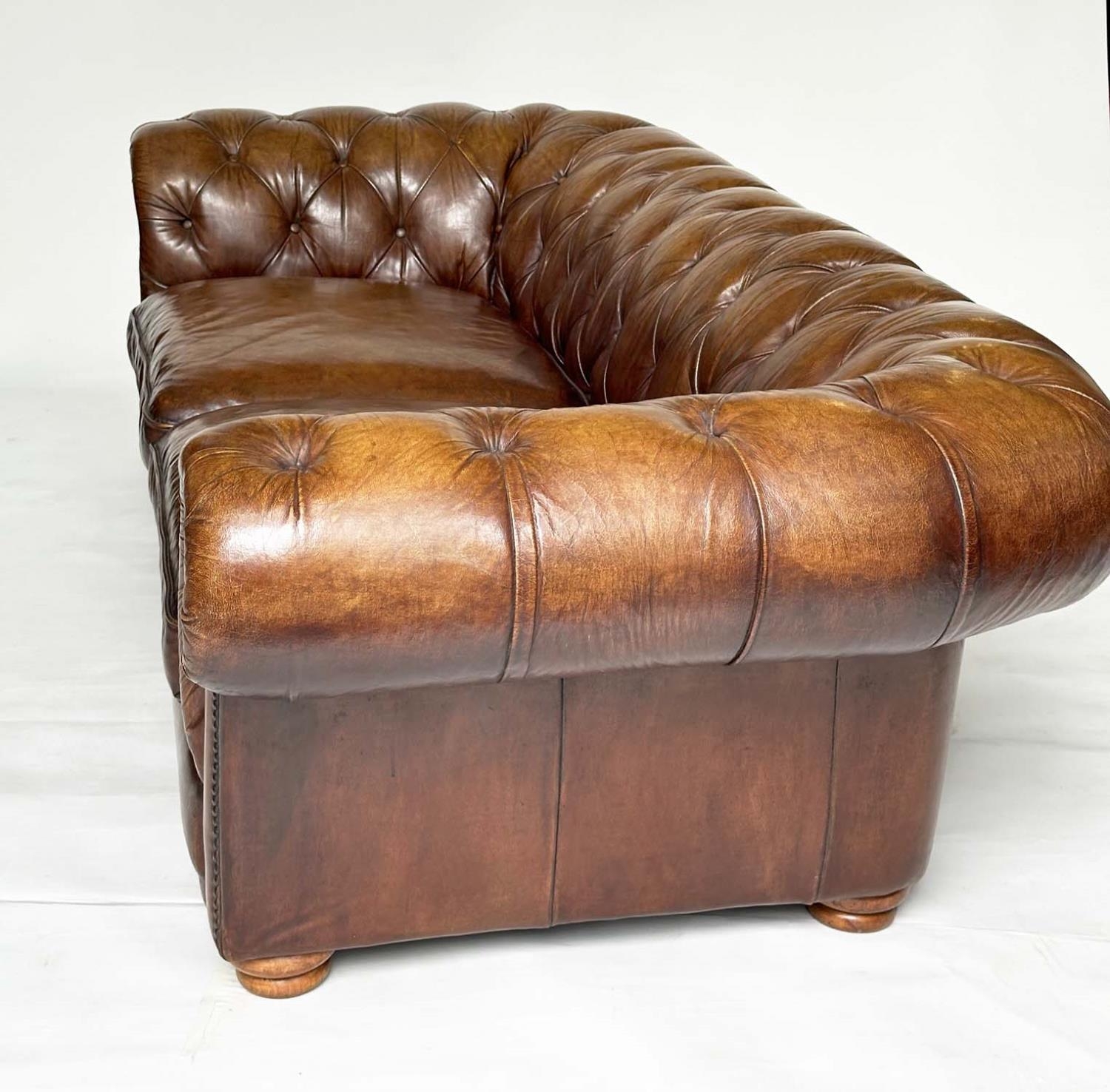 CHESTERFIELD SOFA, Victorian style natural soft antique hand finished tan brown leather with deep - Image 2 of 7