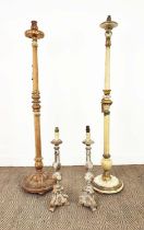 STANDING LAMP, cream painted and gilt, 152cm H another giltwood and velvet clad, 149cm H and a