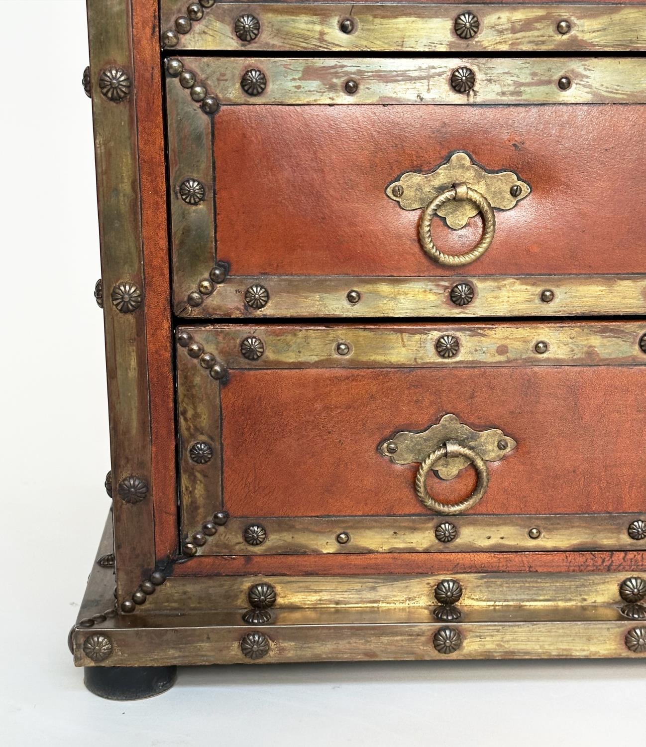 SPANISH STYLE CHEST, vintage leather and brass bound with three drawers and carrying handles, 95cm W - Image 9 of 16