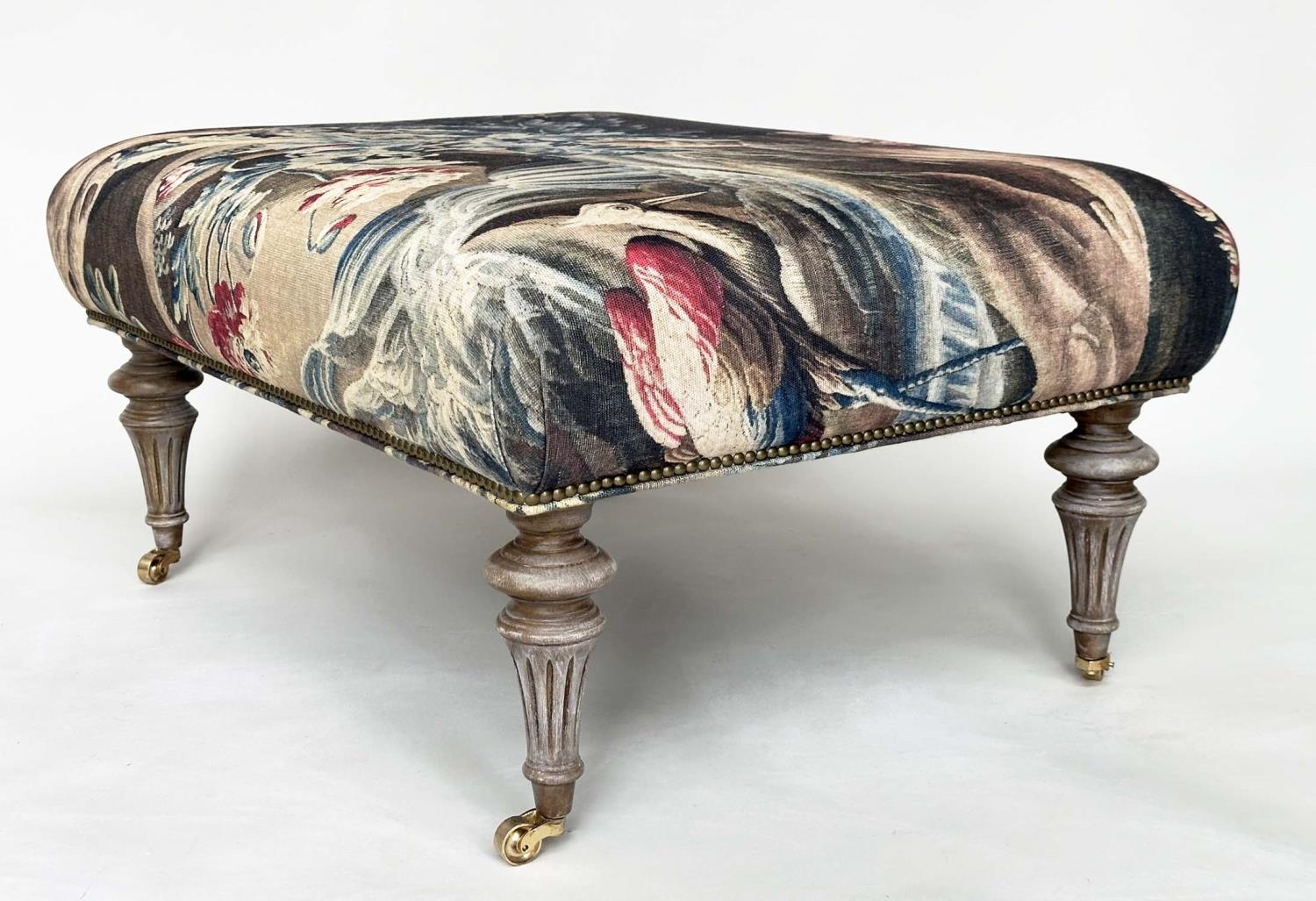 HEARTH STOOL, rectangular tapestry style linen raised upon turned tapering bleached oak supports, - Image 9 of 14