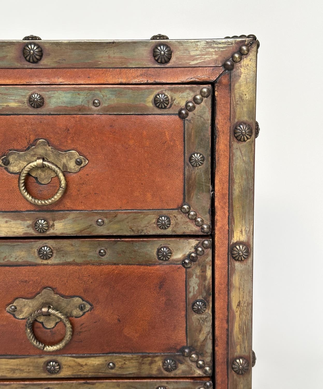 SPANISH STYLE CHEST, vintage leather and brass bound with three drawers and carrying handles, 95cm W - Image 4 of 16