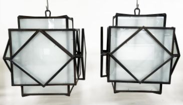 HALL LANTERNS, a pair, Art Deco style, iron framed and frosted glass, 60cm H x 52cm W. (2)