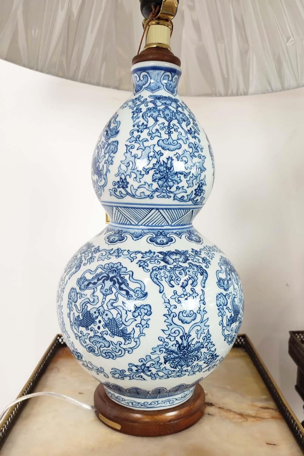 LAUREN RALPH LAUREN HOME TABLE LAMPS, a pair, double gourd design, blue and white glazed ceramic, - Image 3 of 6