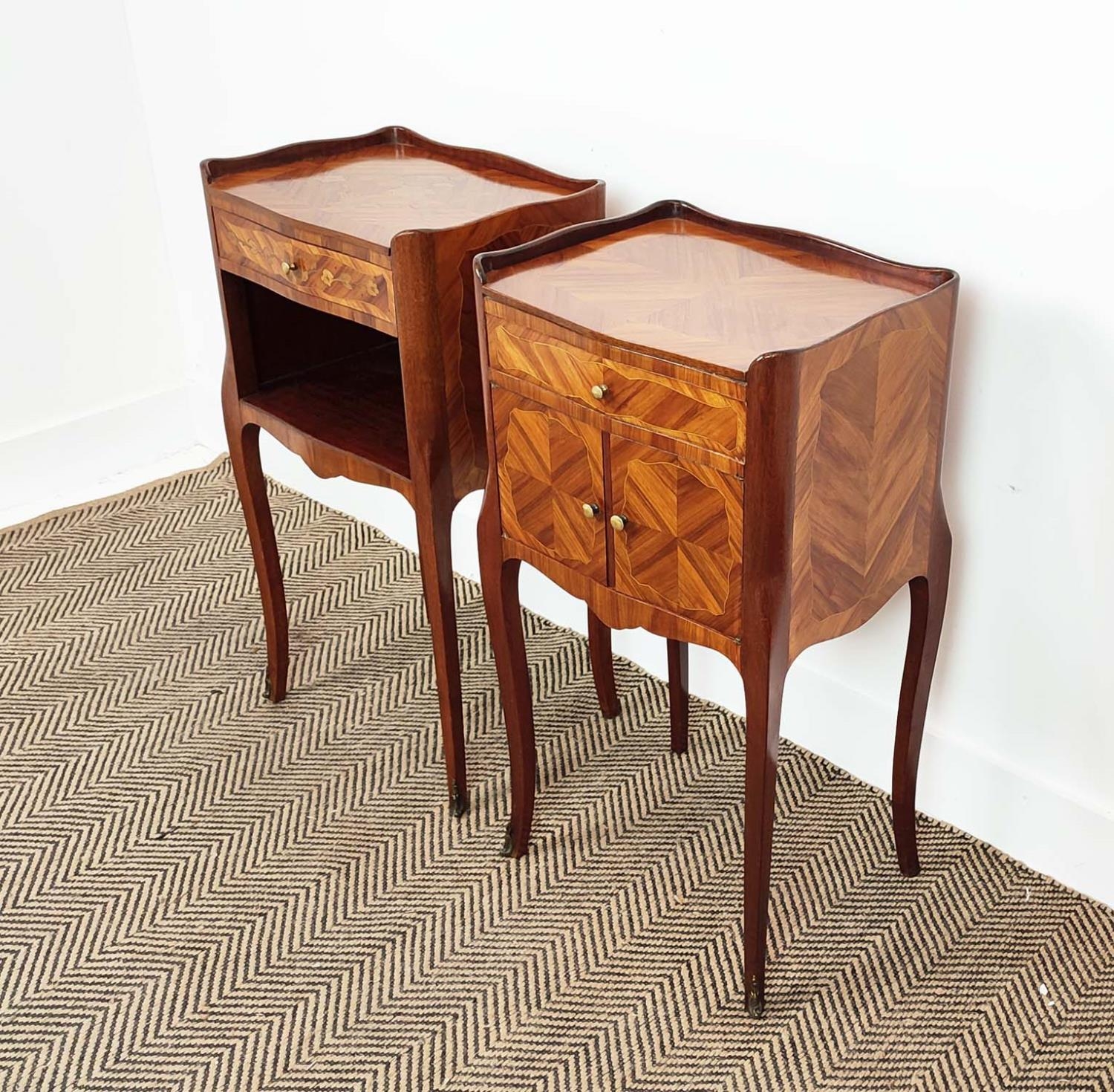 BEDSIDE CABINETS, a matched pair, Louis XV style tulipwood and inlaid, one with marquetry and - Image 3 of 10