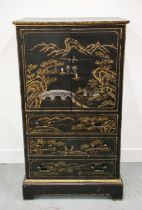 SIDE CABINET, black Chinoiserie decorated of two doors above three drawers, 120cm H x 66cm x 41cm.