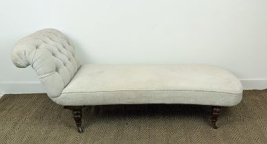 DAYBED, Victorian walnut in buttoned taupe fabric on ceramic castors, 74cm H x 181cm L x 70cm D.