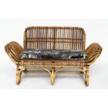 BAMBOO SEAT, vintage rattan, bamboo and cane bound with rounded back and arms (with cushion),