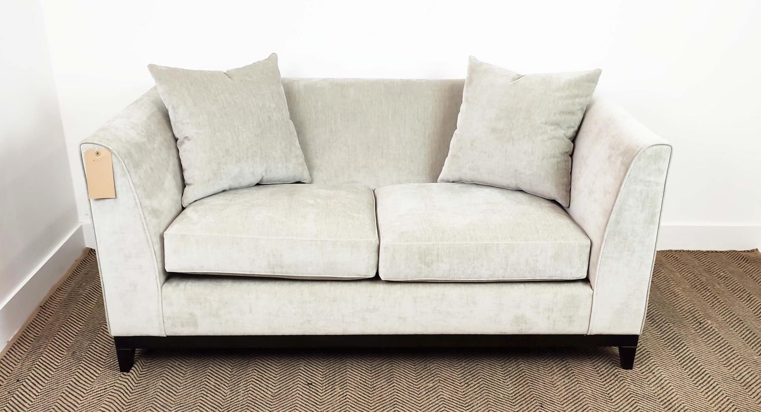 SOFA, grey fabric upholstered, ebonised supports, 160cm x 85cm x 75cm.
