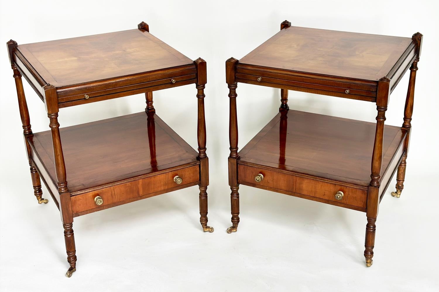 LAMP TABLES, a pair, George III design yewwood each with brushing slide, drawer and two tiers, - Image 5 of 14