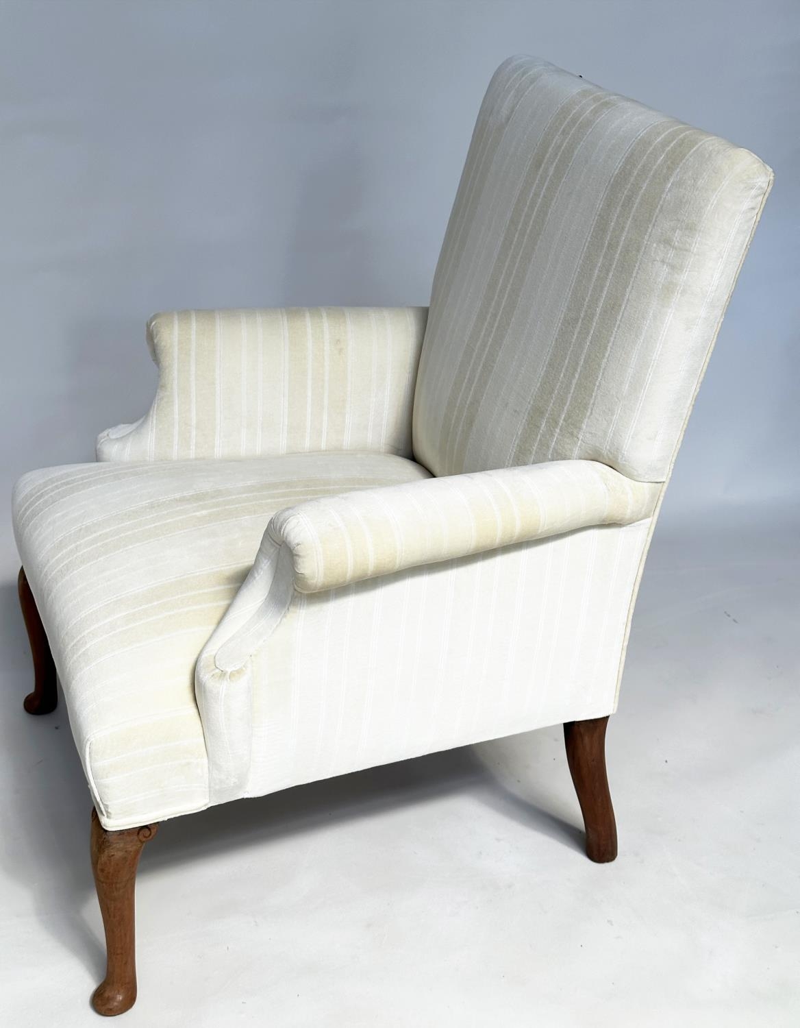 SCROLL ARMCHAIR, Edwardian style recently reupholstered, in neutral woven strip cotton with shaped - Image 3 of 5