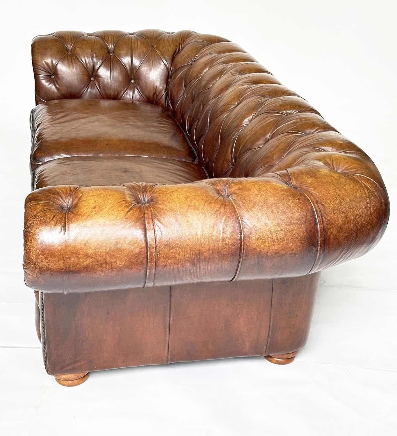CHESTERFIELD SOFA, Victorian style natural soft antique hand finished tan brown leather with deep - Image 4 of 7