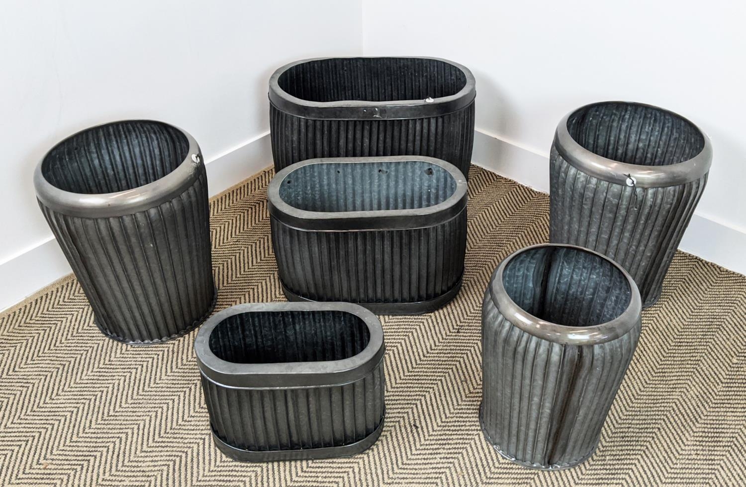 PLANTERS, two graduated sets of three, metal, 57cm x 34cm x 36cm at largest. (6) - Image 2 of 6