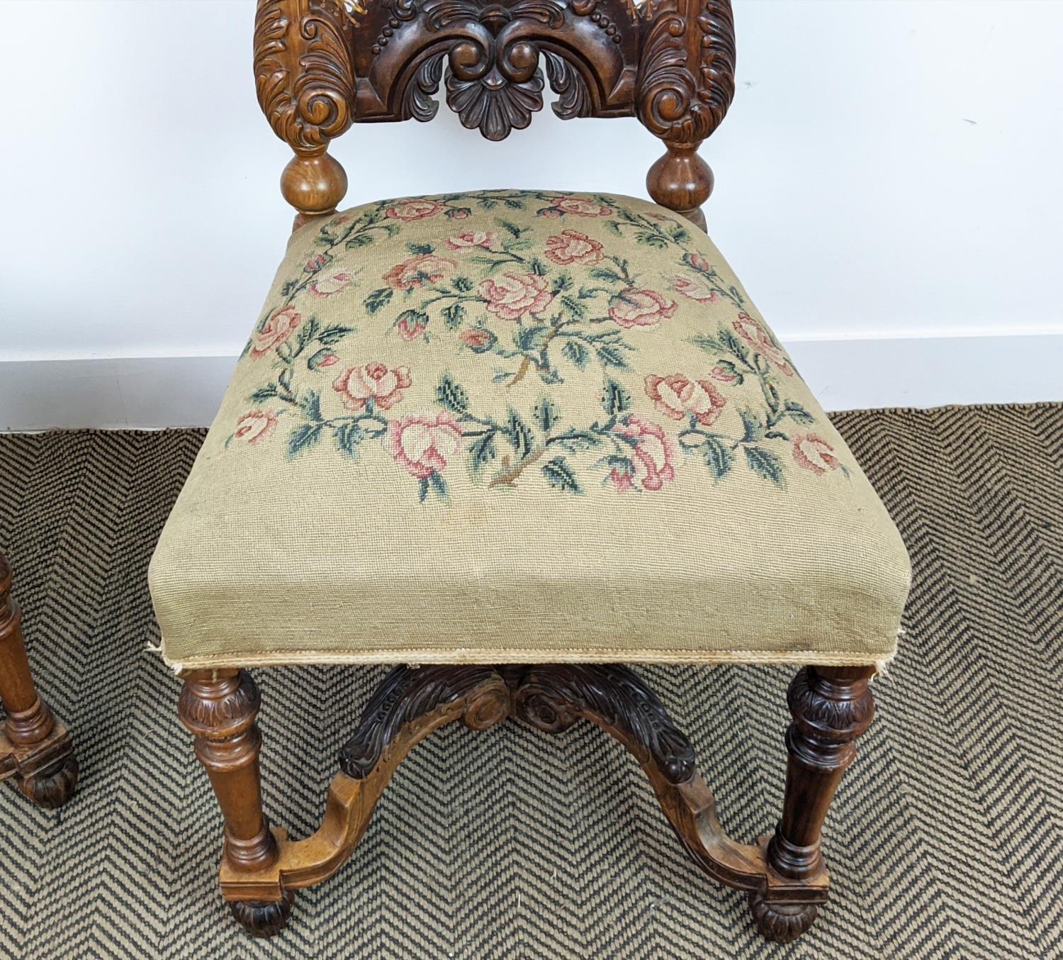 SIDE CHAIRS, a pair, 19th century Dutch with carved showframes with caned back panels and - Image 5 of 10