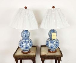 LAUREN RALPH LAUREN HOME TABLE LAMPS, a pair, double gourd design, blue and white glazed ceramic,