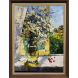 SERGE MENYAYEV (21st century), 'Summer flowers on windowsill', oil on canvas, 68cm x 50cm.