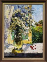 SERGE MENYAYEV (21st century), 'Summer flowers on windowsill', oil on canvas, 68cm x 50cm.