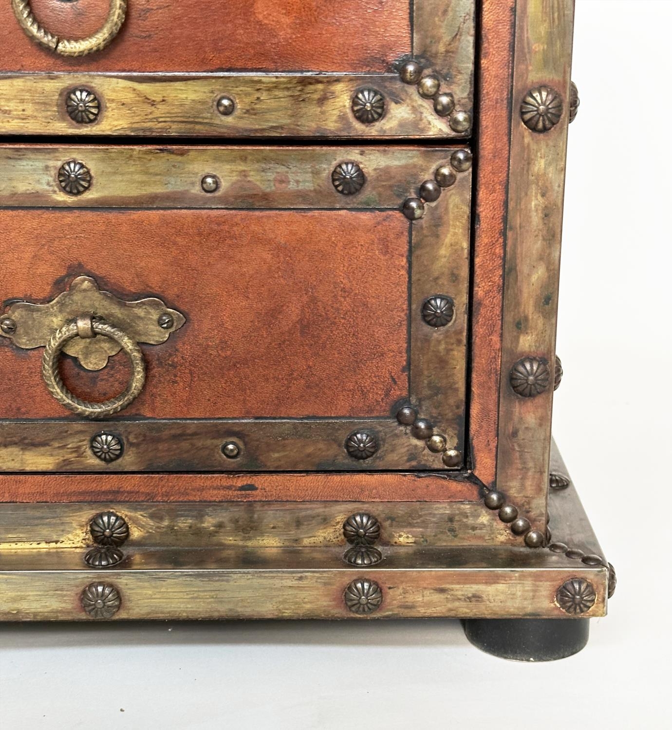 SPANISH STYLE CHEST, vintage leather and brass bound with three drawers and carrying handles, 95cm W - Image 6 of 16