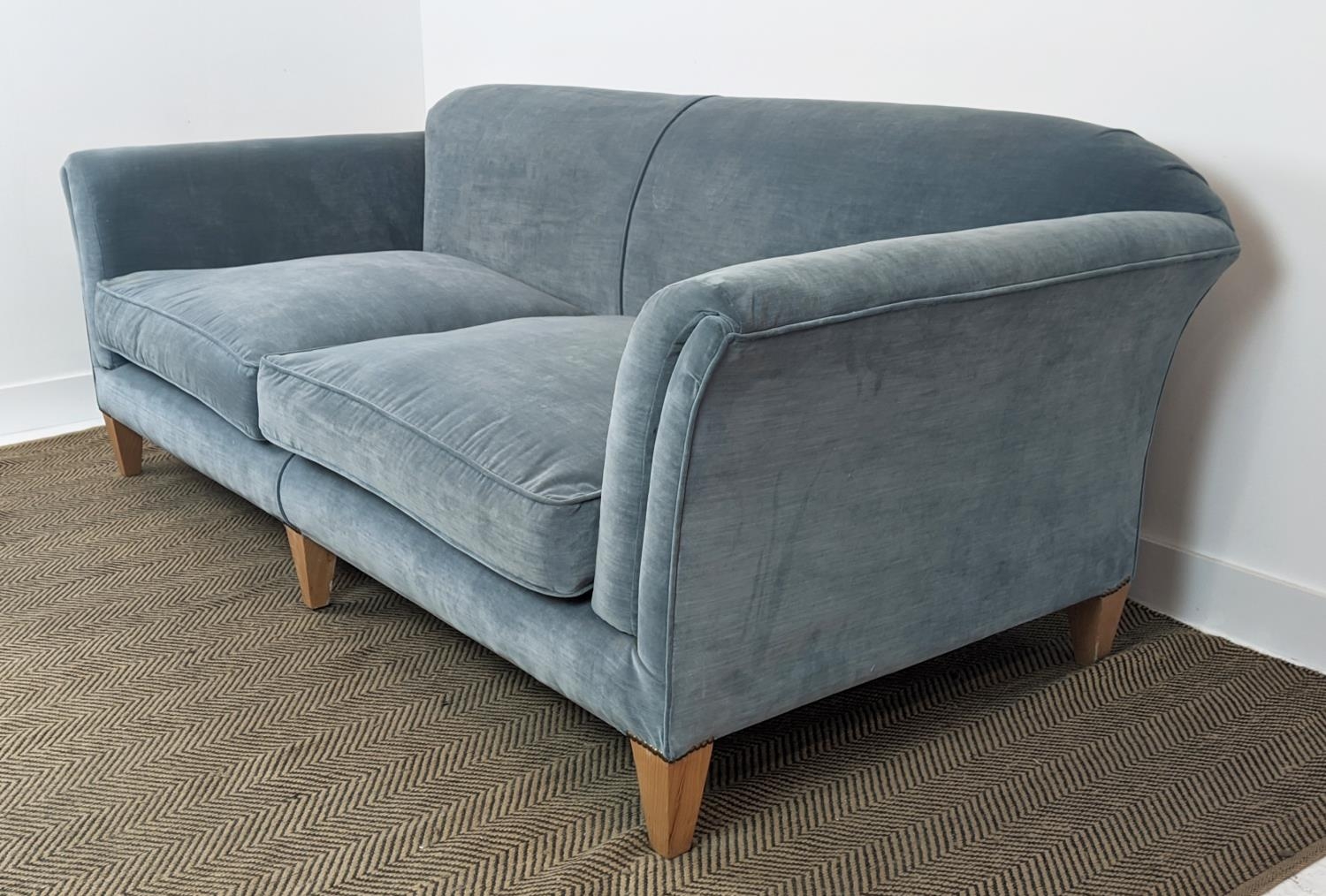 SOFA, velvet upholstered with seat cushions and beechwood legs, 83cm H x 224cm W x 103cm D. - Image 5 of 10