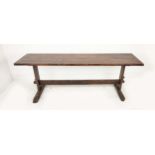 OAK REFECTORY TABLE, 19th century, plank top, cleated ends, trestle base. 81cm H x 226cm W x 67cm D.