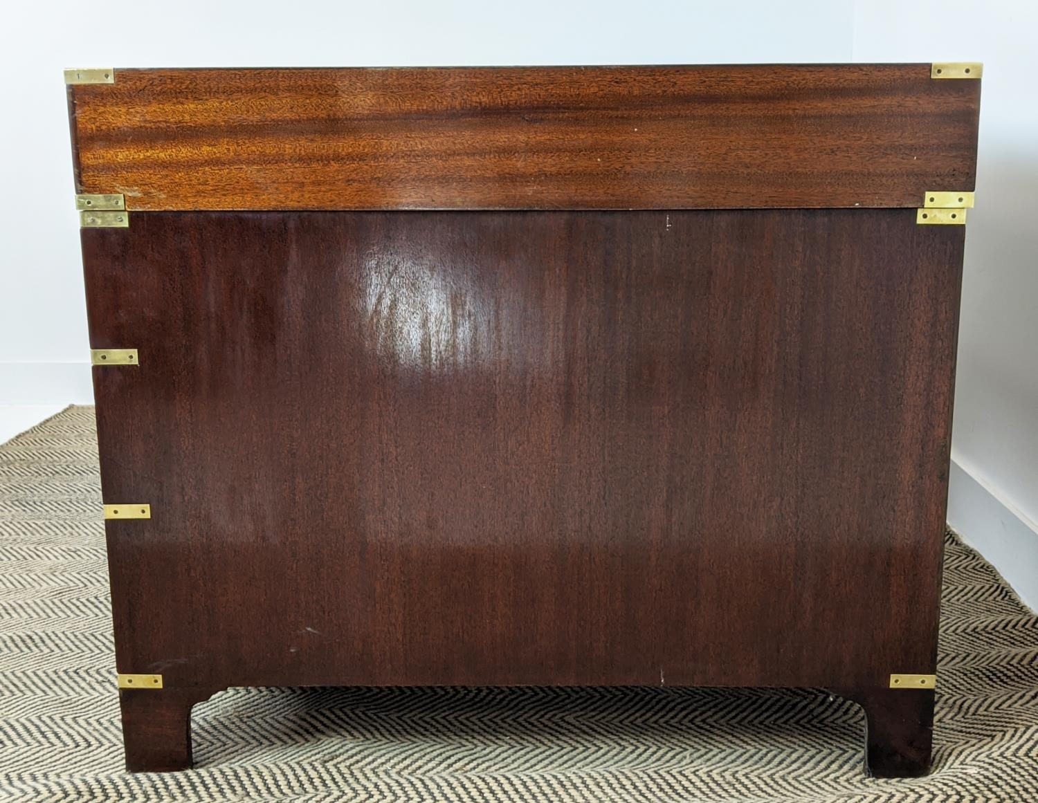 CAMPAIGN STYLE PEDESTAL DESK, mahogany and brass bound with brown leather top above nine drawers, - Image 5 of 11