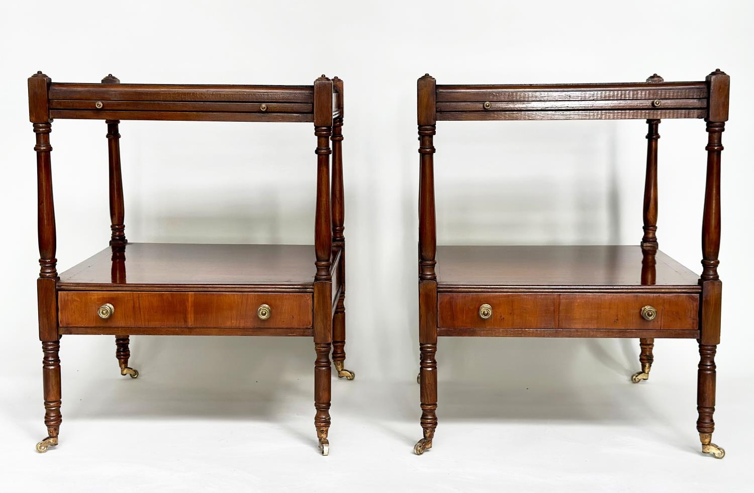 LAMP TABLES, a pair, George III design yewwood each with brushing slide, drawer and two tiers, - Image 3 of 14